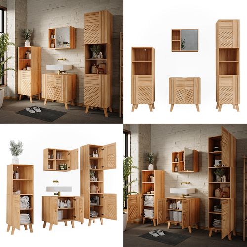 Ensemble De Meubles Sdb Lucie 52198 Bambou 4 Pièces, Avec Armoire De Milieu Et Armoire Haute
