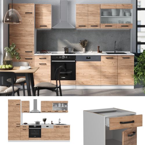 Cuisine R-line 52211 Chêne Doré/blanc 300cm Pt Marbre