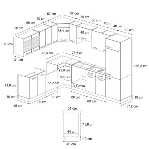 Cuisine En Angle R-line 52217 Chêne Doré/blanc 287x60cm Pt Anthracite
