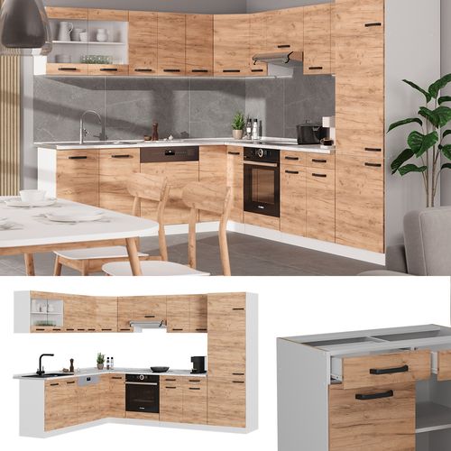 Cuisine En Angle R-line 52219 Chêne Doré/blanc 287x60cm Pt Marbre