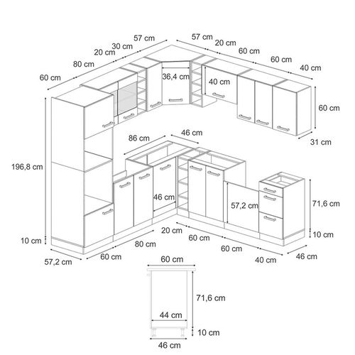 Cuisine En Angle R-line 52239 Chêne Doré/blanc 247x60cm Pt Chêne