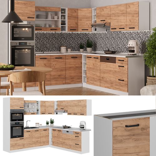 Cuisine En Angle R-line 52239 Chêne Doré/blanc 247x60cm Pt Chêne