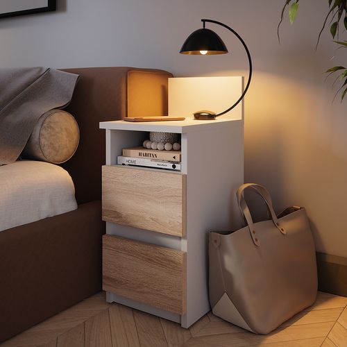 Table De Nuit Monty 53173 Blanc/sonoma 25x59.1cm Avec 2 Tiroirs