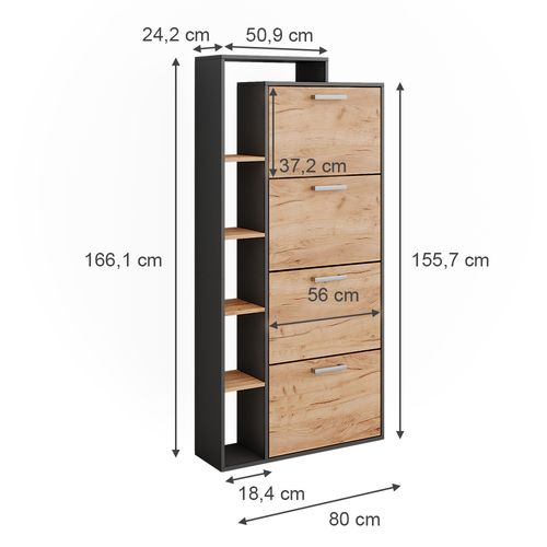 Le Basculeur à Chaussures Orlando 53241 Chêne Doré/anthracite 80x166.1cm Avec 4 Compartiments