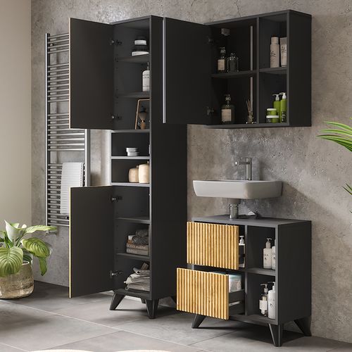 Ensemble De Meubles De Salle De Bains Leano 53264 Anthracite/chêne De Montagne 3 Pièces