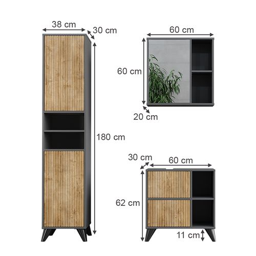 Ensemble De Meubles De Salle De Bains Leano 53264 Anthracite/chêne De Montagne 3 Pièces