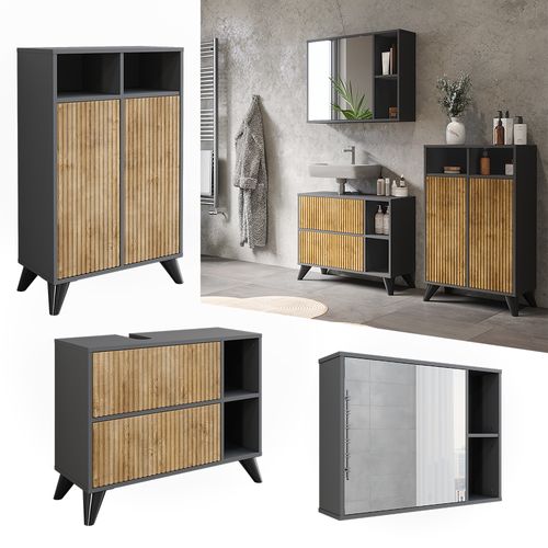 Ensemble De Meubles De Salle De Bains Leano 53267 Anthracite/chêne De Montagne 80 Cm, Set 2