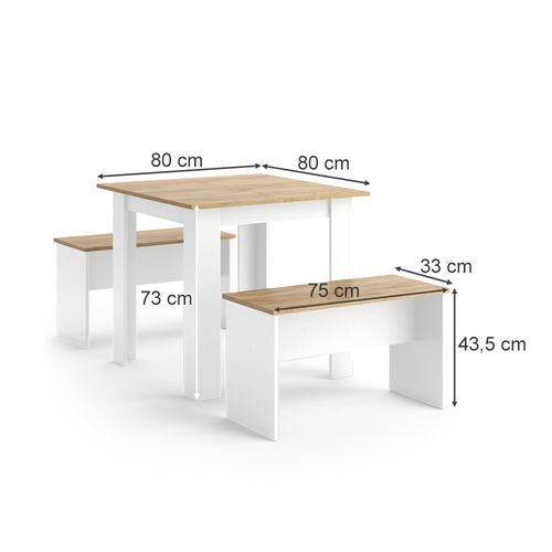 Ensemble De Table à Manger Sentio, Chêne Blanc/force De Lor, 80x80cm Avec 2 Bancs