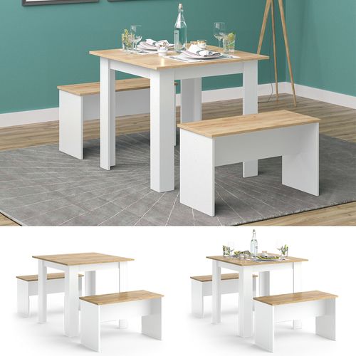 Ensemble De Table à Manger Sentio, Chêne Blanc/force De Lor, 80x80cm Avec 2 Bancs