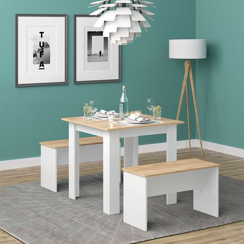 Ensemble De Table à Manger Sentio, Chêne Blanc/force De Lor, 80x80cm Avec 2 Bancs