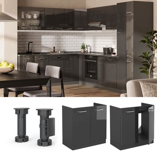 Meuble Bas Sous-évier R-line 53425 Anthracite Haute Brillance 80cm Sans Pt