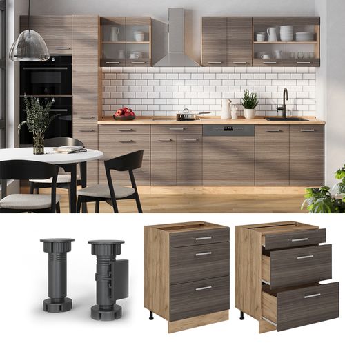 Meuble Cuisine R-line 53564 Gris Noble 60cm Avec Tiroirs, Sans Pt