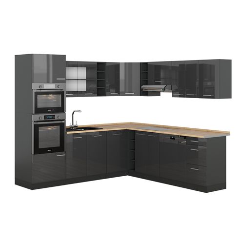 Cuisine En Angle R-line 53778 Anthracite Brillant/anthracite 247x60cm , Pt Chêne