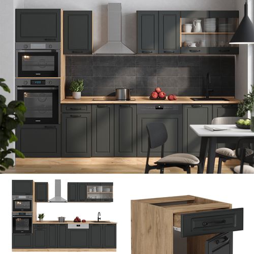 Cuisine R-line 54121 Anthracite Campagne/chêne Doré 300cm Avec Armoire Haute, Pt Chêne