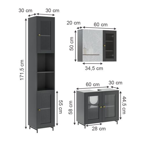 Ensemble De Meubles De Salle De Bains Malte 54325 Gris 3 Pièces Avec Armoire Haute