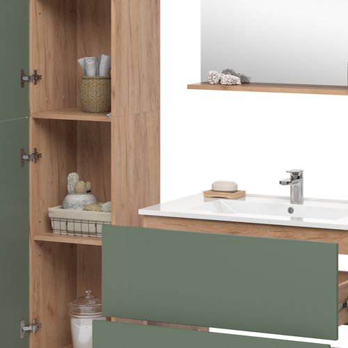 Meubles Bain Izan 54570 Force Dor Chêne/vert 5 Pièces Avec Armoire Haute Et Armoire Moyenne