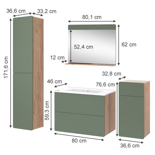 Meubles Bain Izan 54570 Force Dor Chêne/vert 5 Pièces Avec Armoire Haute Et Armoire Moyenne