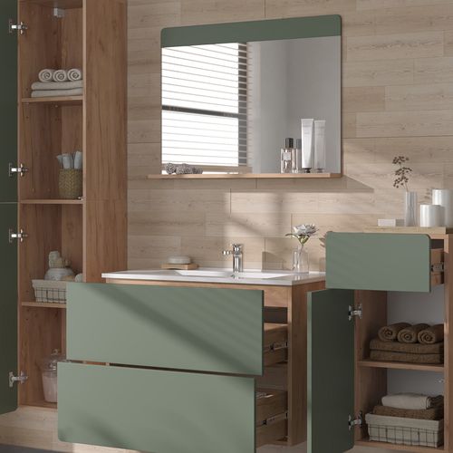 Meubles Bain Izan 54570 Force Dor Chêne/vert 5 Pièces Avec Armoire Haute Et Armoire Moyenne