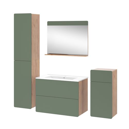 Meubles Bain Izan 54570 Force Dor Chêne/vert 5 Pièces Avec Armoire Haute Et Armoire Moyenne