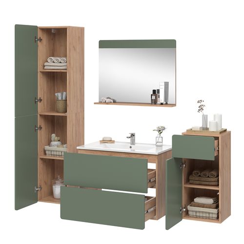 Meubles Bain Izan 54570 Force Dor Chêne/vert 5 Pièces Avec Armoire Haute Et Armoire Moyenne
