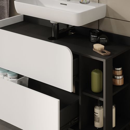 Meuble Sous Vasque Simple Karen, Anthracite/blanc, 100x65cm Avec 2 Tiroirs