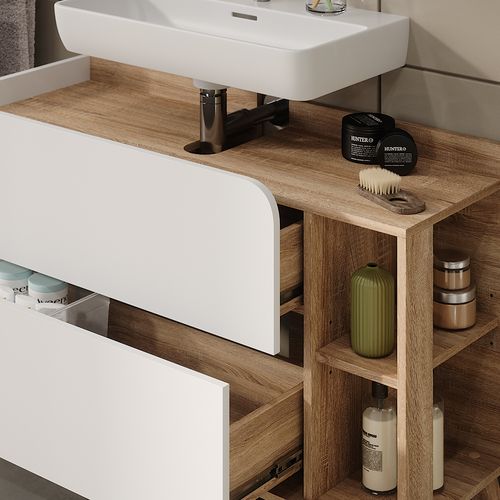 Meuble Sous Vasque Simple Karen, Sonoma/blanc, 100x65cm Avec 2 Tiroirs