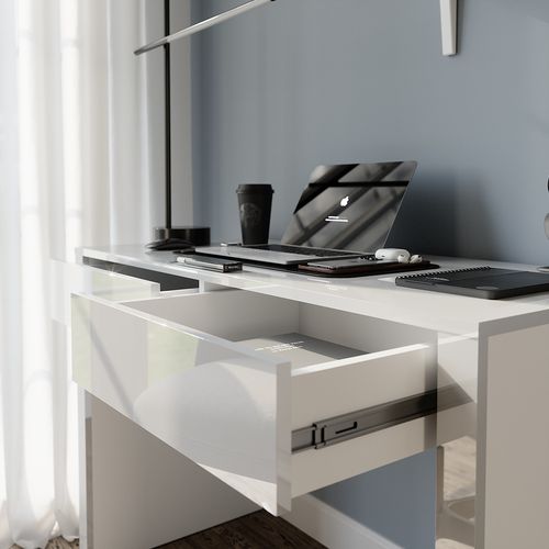 Bureau Annabelle, Blanc Brillant/blanc, 110x50cm Avec 2 Tiroirs