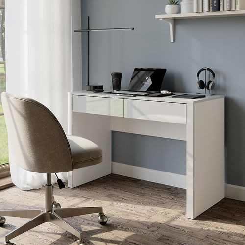 Bureau Annabelle, Blanc Brillant/blanc, 110x50cm Avec 2 Tiroirs