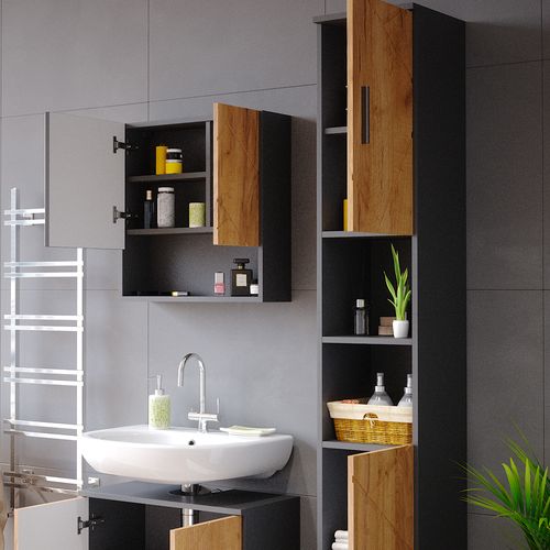 Meubles Bain Irma 55197 Chêne Doré/anthracite 2 Parties, Avec Armoire Haute