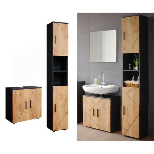 Meubles Bain Irma 55197 Chêne Doré/anthracite 2 Parties, Avec Armoire Haute