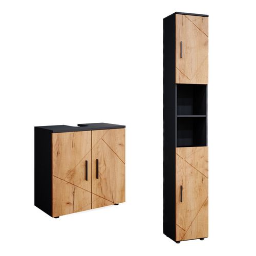 Meubles Bain Irma 55197 Chêne Doré/anthracite 2 Parties, Avec Armoire Haute