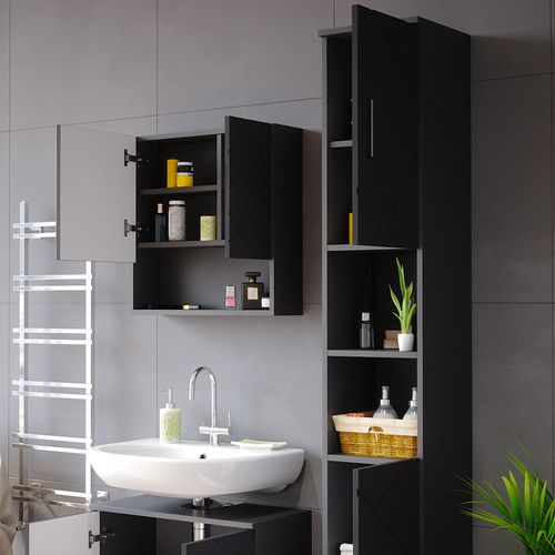 Meubles Bain Irma 55200 Anthracite Haute Brillance 2 Parties, Avec Armoire Haute