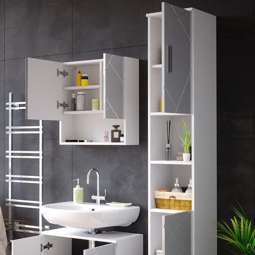 Meubles Bain Irma 55201 Blanc Haute Brillance 2 Parties, Avec Armoire Haute