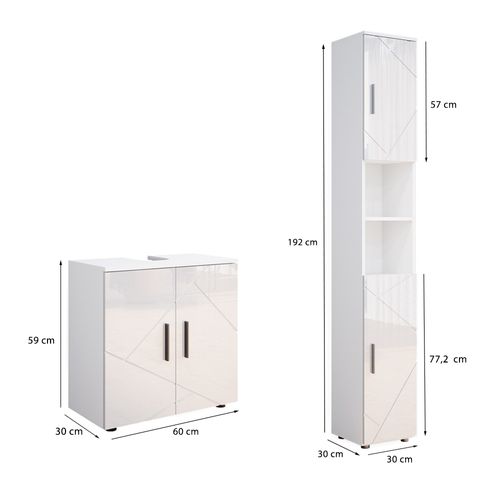 Meubles Bain Irma 55201 Blanc Haute Brillance 2 Parties, Avec Armoire Haute
