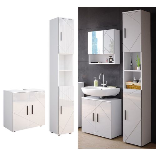 Meubles Bain Irma 55201 Blanc Haute Brillance 2 Parties, Avec Armoire Haute