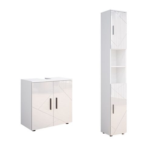 Meubles Bain Irma 55201 Blanc Haute Brillance 2 Parties, Avec Armoire Haute