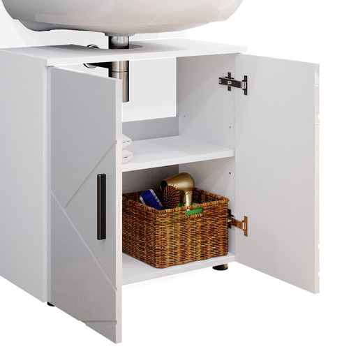 Meubles Bain Irma 55201 Blanc Haute Brillance 2 Parties, Avec Armoire Haute