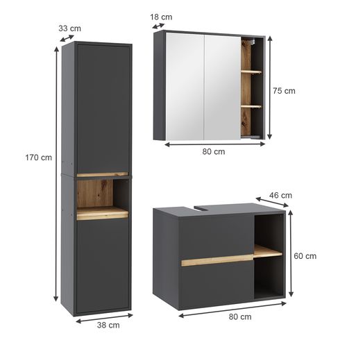 Ensemble De Meubles De Salle De Bains Viola 55225 Gris/artisan 3 Pièces