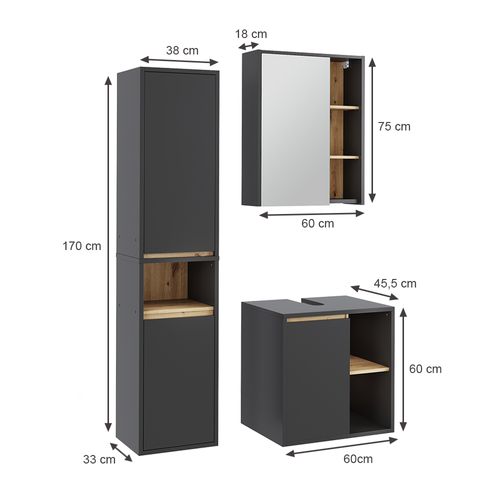 Ensemble De Meubles De Salle De Bains Viola 55213 Gris/artisan 3 Pièces