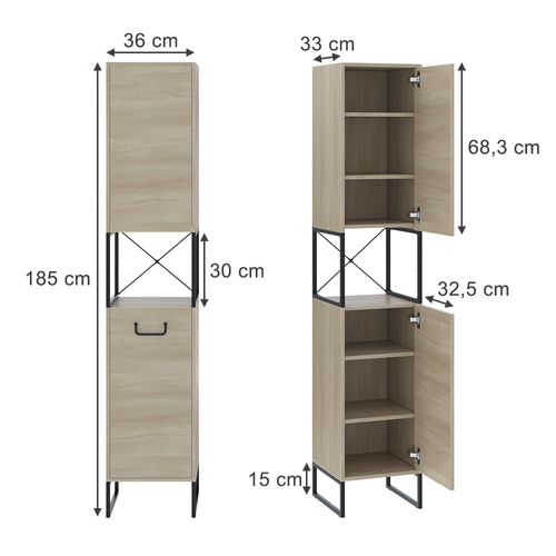 Armoire De Salle De Bain Vionna 55338 Chêne/noir 36x185cm Avec 2 Portes
