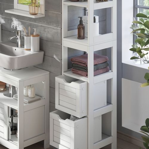 Meuble Salle De Bain Vilda 55542 Blanc 30x144cm Avec 2 Tiroirs