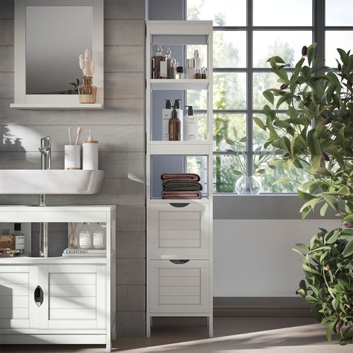Meuble Salle De Bain Vilda 55542 Blanc 30x144cm Avec 2 Tiroirs