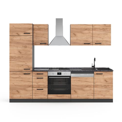 Ligne De Cuisine Optima 55574 Chêne Doré/anthracite 270cm Sans Plan De Travail, Avec Armoire Haute