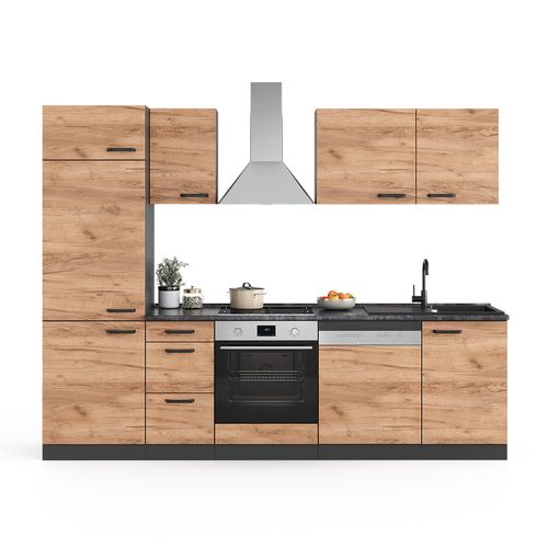 Ligne De Cuisine Optima 55574 Chêne Doré/anthracite 270cm Sans Plan De Travail, Avec Armoire Haute