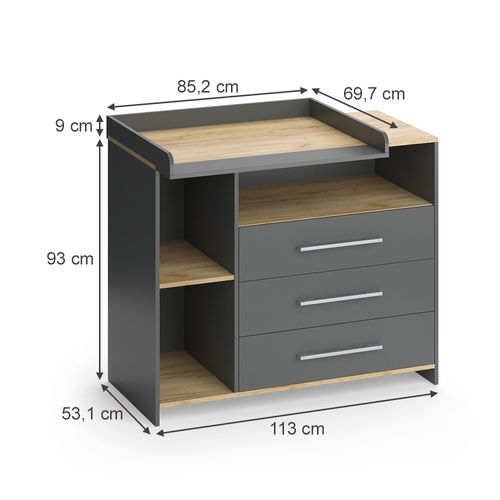 Commode à Langer Oskar 55592 Anthracite/chêne Doré 113x93cm Avec 3 Tiroirs
