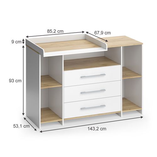 Commode à Langer Oskar 55594 Chêne Blanc/force De Lor 143.2x93cm Avec 3 Tiroirs