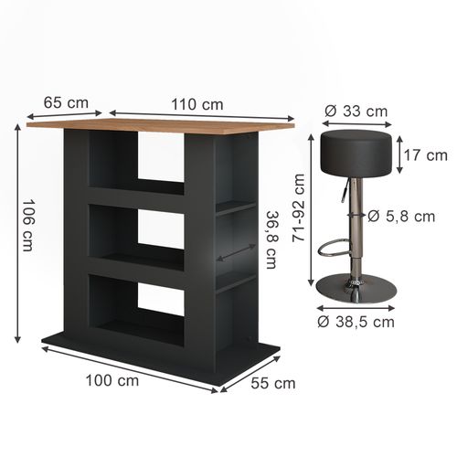 Set De Table De Bar Repose 55736 Chêne Doré/anthracite 110x65cm Avec 2 Tabourets De Bar