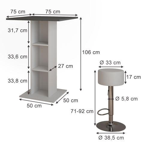 Set De Table De Bar Repose 55718 Béton/blanc 75x75cm Avec 2 Tabourets De Bar