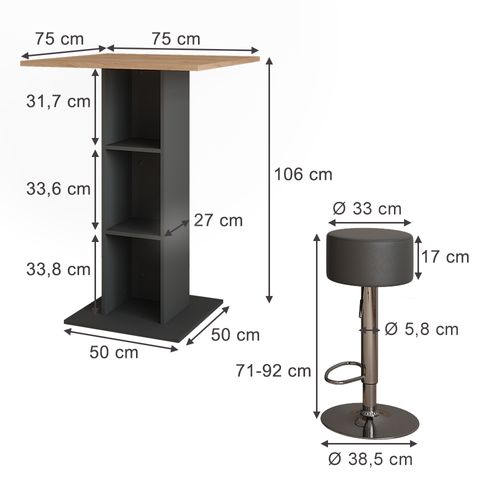 Set De Table De Bar Repose 55719 Chêne Doré/anthracite 75x75cm Avec 2 Tabourets De Bar