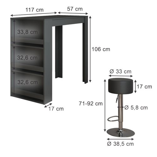 Set De Table De Bar Repose 55721 Anthracite 57x117cm Avec 2 Tabourets De Bar